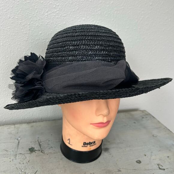 Vintage Betmar Black Straw derby Hat Floral Accent Made in Italy Wide main image 10